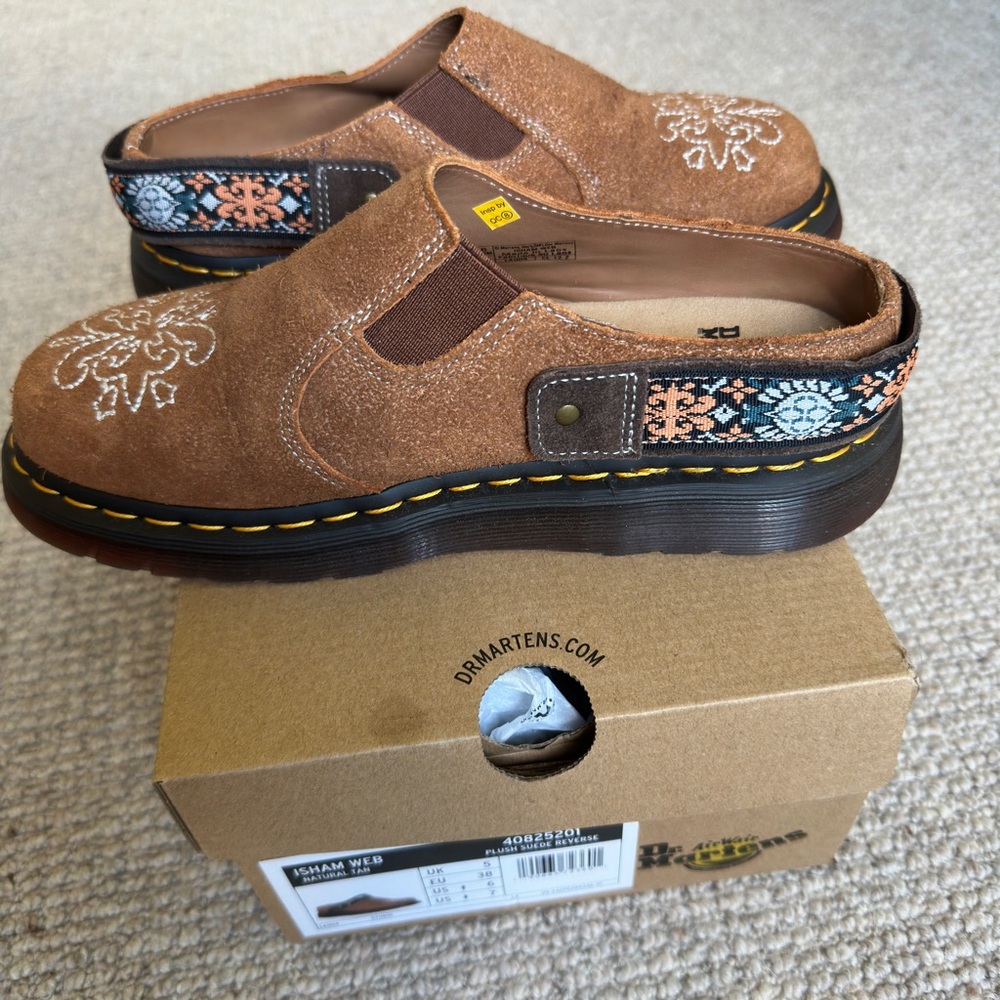 Dr. Martens Brown Suede Embroidered Buckle Clogs - Picture 3 of 7